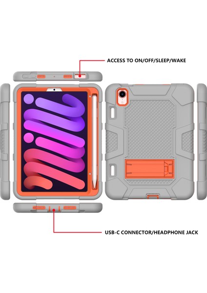 Pc Tpu Silikon Kontrast Renk Tekme Standı iPad Mini (2021) GRI TURUNCU Tablet Kılıfı (Yurt Dışından)