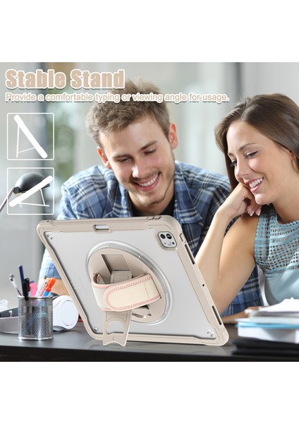 iPad Pro 13 (2024) Tekme Standı Pc Tpu Silikon Döner El Kayışı Haki Tablet Kılıfı (Yurt Dışından)
