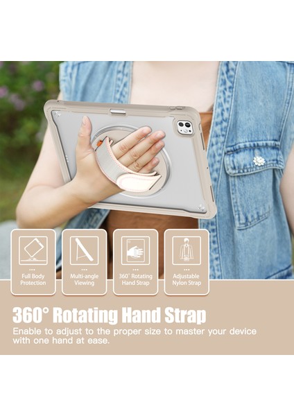 iPad Pro 13 (2024) Tekme Standı Pc Tpu Silikon Döner El Kayışı Haki Tablet Kılıfı (Yurt Dışından)