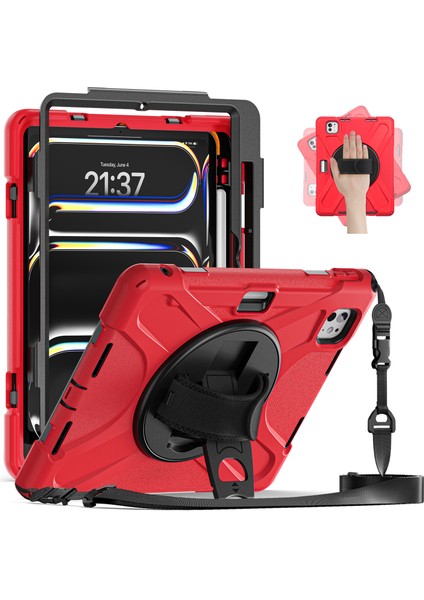 iPad Pro 11 (2024) Pc Silikon Stand El Askılı ve Omuz Askılı Tablet Kılıfı (Yurt Dışından)