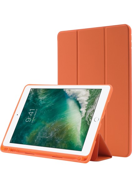 iPad 10.2 (2019 2020 2021) Cilt Dokunuşu Hissi Pu Deri Tpu Üçe Katlanmış Stand Düşmeyi Önleyici Kalem Yuvalı Turuncu Tablet Kılıfı (Yurt Dışından)