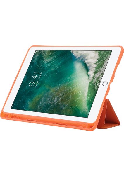 iPad 10.2 (2019 2020 2021) Cilt Dokunuşu Hissi Pu Deri Tpu Üçe Katlanmış Stand Düşmeyi Önleyici Kalem Yuvalı Turuncu Tablet Kılıfı (Yurt Dışından)