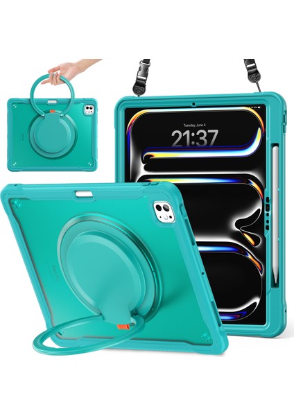 iPad Pro 13 (2024) Döner Tekme Standı Pc Tpu Silikon Omuz Askılı Tablet Kılıfı (Yurt Dışından)