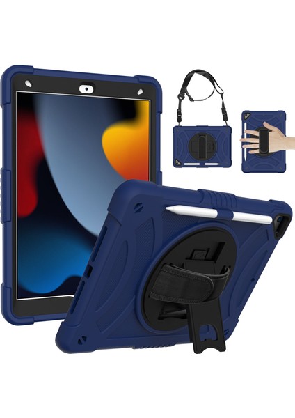 iPad 10.2 (2019 2020 2021) Çizilmez Döner Stand Omuz Askılı Taşınabilir Silikon Pc Lacivert Tablet Kılıfı (Yurt Dışından)