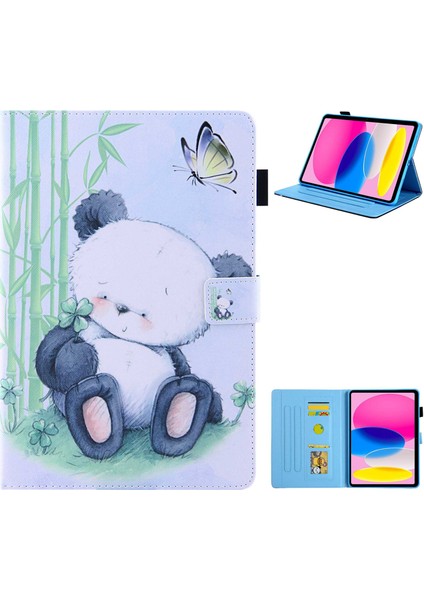 iPad 10.9 (2022) IPAD 10. Nesil Desen Baskı Standı Çapraz Doku Pu Deri Kart Tutucu Kalem Döngü Tutucu Panda Tablet Kılıfı (Yurt Dışından)
