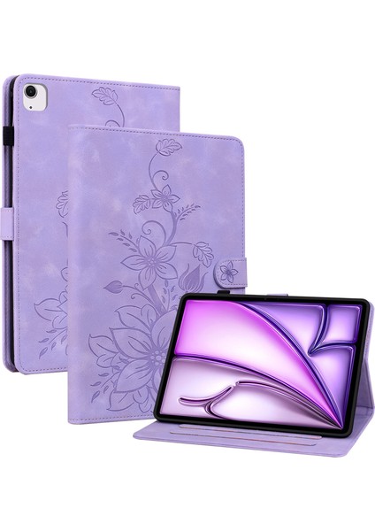 iPad Air 13 (2024) Pu Deri Kart Tutucu Standı Zambak Çiçeği Tam Tablet Kılıfı (Yurt Dışından)
