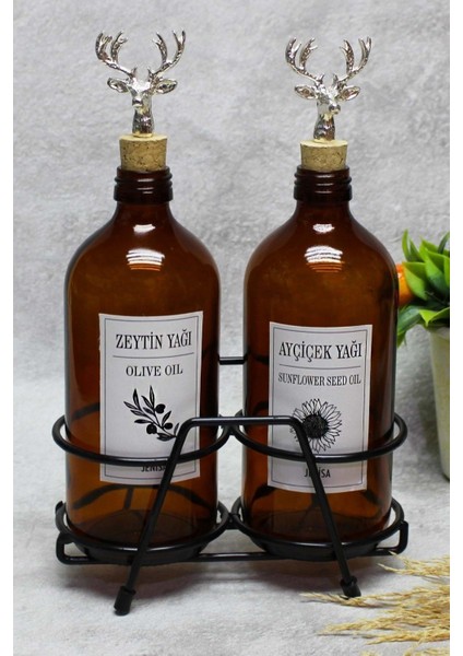 2'li Amber 500 ml şişe, siyah mantar tıpalı, bej renk, yağlık ve yağdanlık seti