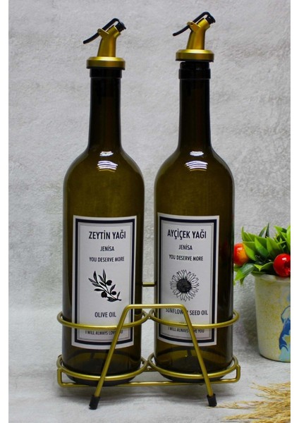 İki adet koyu yeşil 750 ml mat altın yağlık, şık ve kullanışlı tasarım