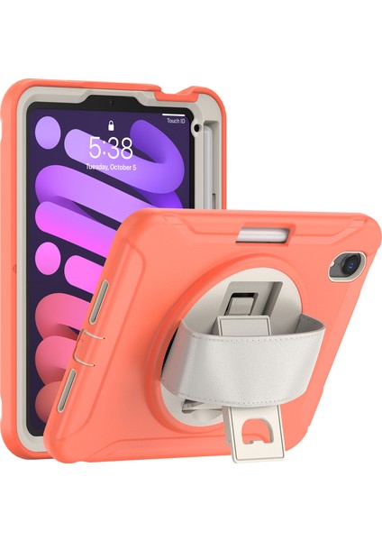 360 Derece Döner Tekme Standı Pc Tpu iPad Mini (2021) El Askılı Hibrit Mercan Turuncusu Tablet Kılıfı (Yurt Dışından)