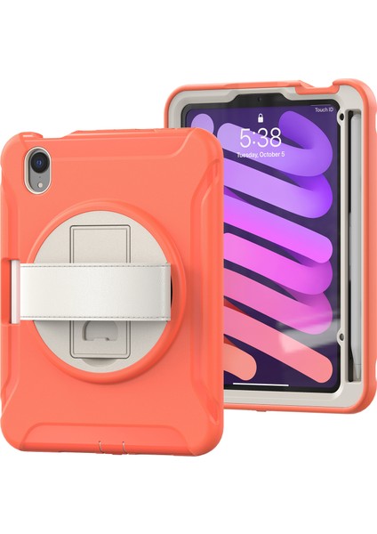 360 Derece Döner Tekme Standı Pc Tpu iPad Mini (2021) El Askılı Hibrit Mercan Turuncusu Tablet Kılıfı (Yurt Dışından)