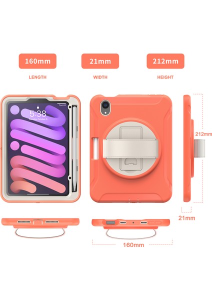 360 Derece Döner Tekme Standı Pc Tpu iPad Mini (2021) El Askılı Hibrit Mercan Turuncusu Tablet Kılıfı (Yurt Dışından)