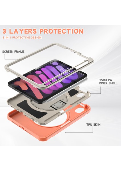 360 Derece Döner Tekme Standı Pc Tpu iPad Mini (2021) El Askılı Hibrit Mercan Turuncusu Tablet Kılıfı (Yurt Dışından)