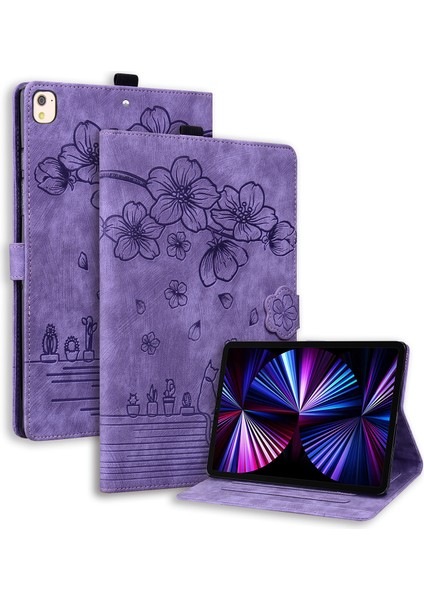 iPad 10.2 (2019 2020 2021) Deri Çiçek Kedi Baskılı Tablet Kılıfı (Yurt Dışından)