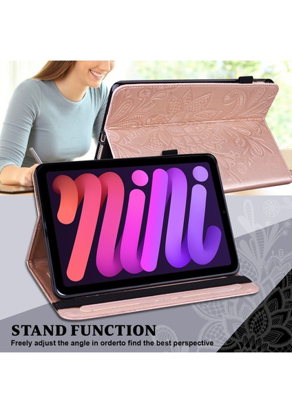 Baskılı Çiçek Desenli Stand Deri iPad Mini 6 (2021) Kart Yuvalı Tablet Kılıfı (Yurt Dışından)