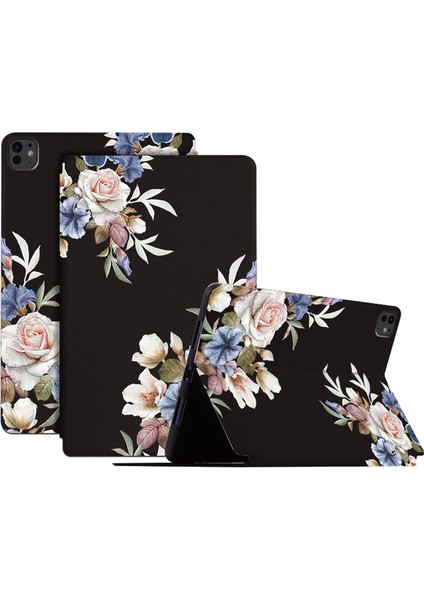 iPad Pro 11 (2024) Çiçek Desenli Flip Stand Deri Akıllı Çiçek Çalı Tablet Kılıfı (Yurt Dışından)