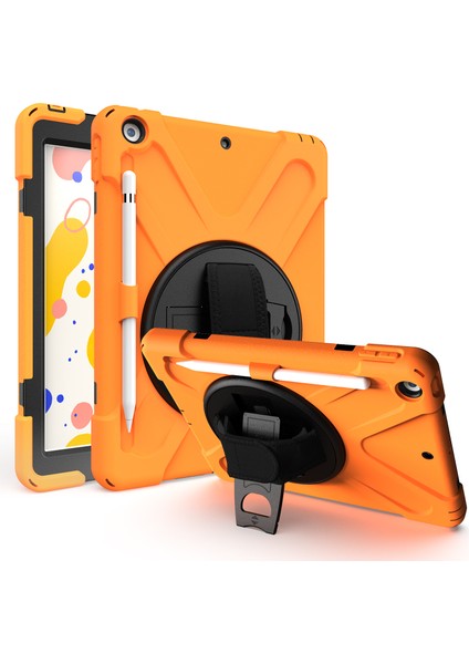 iPad 10.2 (2019 2020 2021) 360 Derece Dönebilen Tekme Standı Pc Silikon El Tutacağı Askı Kalem Yuvası Turuncu Tablet Kılıfı (Yurt Dışından)