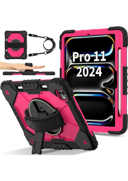 iPad Pro 11 (2024) Tekme Standı Silikon Pc Omuz Askılı Tablet Kılıfı (Yurt Dışından)