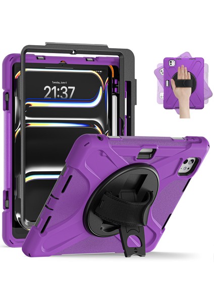 iPad Pro 11 (2024) 360 Derece Döner El Kayışı Tpu Pc Silikon Standı Tablet Kılıfı (Yurt Dışından)