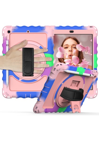 iPad 10.2 (2019 2020 2021) 360 Derece Dönebilen Tekme Standlı Pc Tpu Hibrit El Kayışı ve Omuz Askısı kuşağı Tablet Kılıfı (Yurt Dışından)