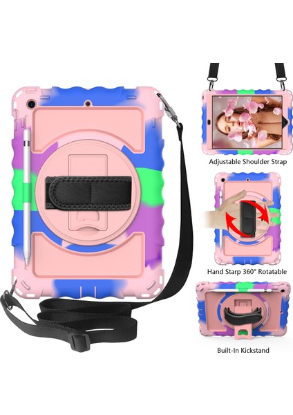 iPad 10.2 (2019 2020 2021) 360 Derece Dönebilen Tekme Standlı Pc Tpu Hibrit El Kayışı ve Omuz Askısı kuşağı Tablet Kılıfı (Yurt Dışından)