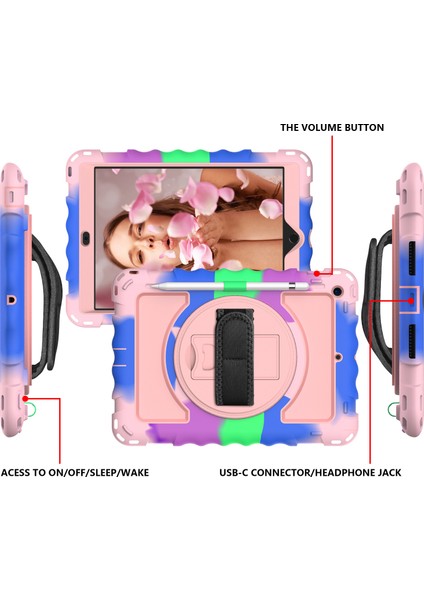 iPad 10.2 (2019 2020 2021) 360 Derece Dönebilen Tekme Standlı Pc Tpu Hibrit El Kayışı ve Omuz Askısı kuşağı Tablet Kılıfı (Yurt Dışından)