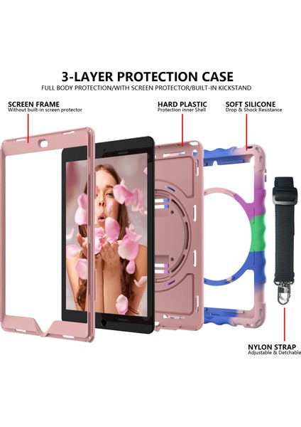iPad 10.2 (2019 2020 2021) 360 Derece Dönebilen Tekme Standlı Pc Tpu Hibrit El Kayışı ve Omuz Askısı kuşağı Tablet Kılıfı (Yurt Dışından)