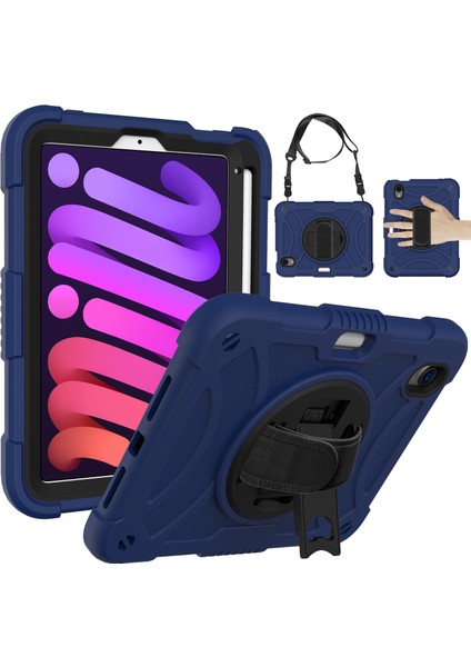 iPad Mini (2021) Silikon Pc Döner Tekme Standı Kalem Tutucu omuz Askılı Lacivert Tablet Kılıfı (Yurt Dışından)