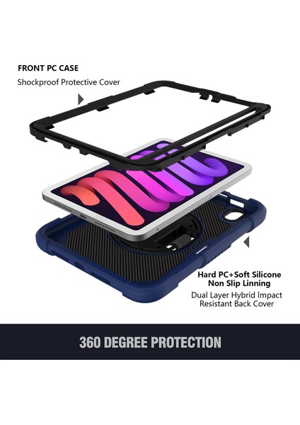 iPad Mini (2021) Silikon Pc Döner Tekme Standı Kalem Tutucu omuz Askılı Lacivert Tablet Kılıfı (Yurt Dışından)