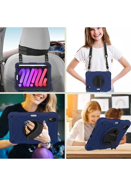 iPad Mini (2021) Silikon Pc Döner Tekme Standı Kalem Tutucu omuz Askılı Lacivert Tablet Kılıfı (Yurt Dışından)
