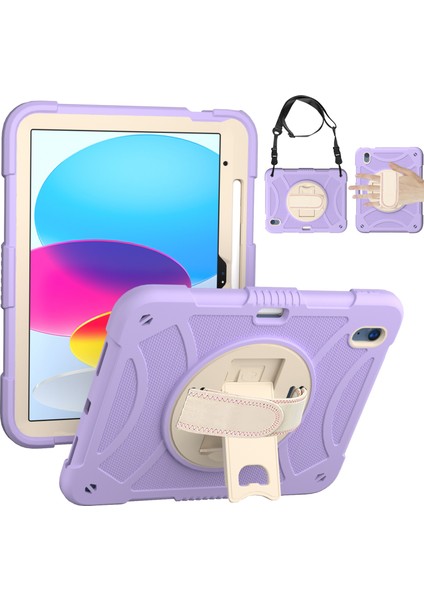 iPad 10.9 (2022) Döner Tekme Standı Silikon Pc Düşmeyi Önleyici Kalem Tutucu omuz Askılı Tablet Kılıfı (Yurt Dışından)