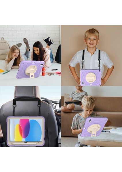 iPad 10.9 (2022) Döner Tekme Standı Silikon Pc Düşmeyi Önleyici Kalem Tutucu omuz Askılı Tablet Kılıfı (Yurt Dışından)