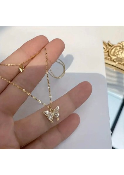 Parlak Zirkonya Taşlı Çift Kelebek Katmanlı Kolye