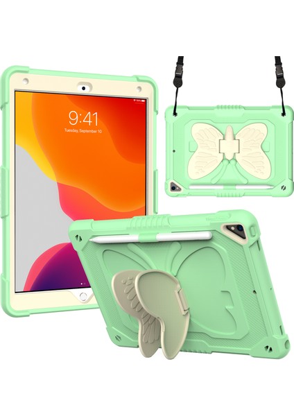 Çift Pc Silikon Şekli Standı iPad 10.2 Omuz Askılı (2019 2020 2021) BEJ YEŞIL Tablet Kılıfı (Yurt Dışından)