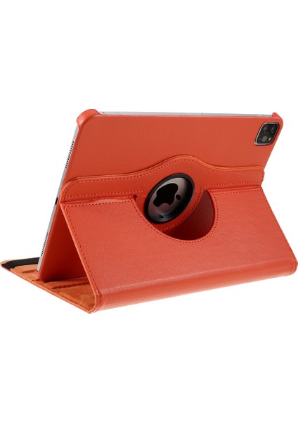 iPad Pro 12.9 (2022 2021 2020 2018) 360 Döner Standlı Litchi Deri Turuncu Tablet Kılıfı (Yurt Dışından)