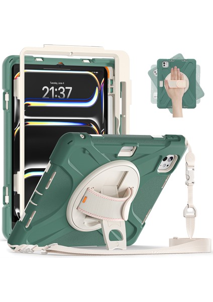 iPad Pro 11 (2024) Pc Silikon Stand El Askılı ve Omuz Askılı Zümrüt i Tablet Kılıfı (Yurt Dışından)
