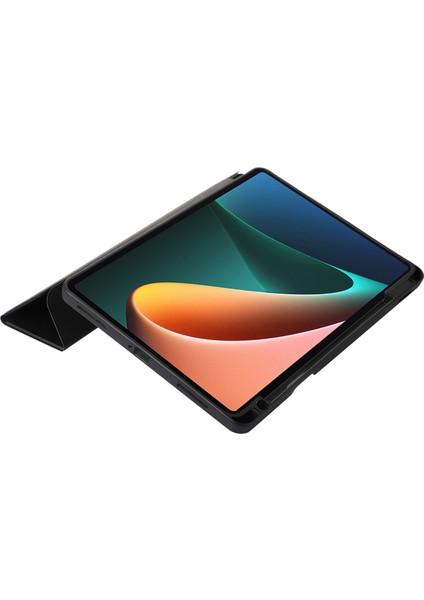 Xiaomi Pad 5 Pad 5 Pro Üç Katlı Standı Düz ​​renk Pu Deri Kalem Yuvası Tablet Kılıfı (Yurt Dışından)
