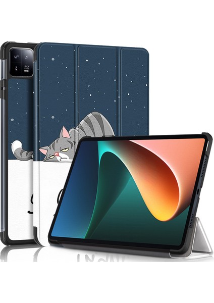 Xiaomi Pad 6 Için Pu Deri Desen Baskı Otomatik Uyandırma Sleep Cat Üç Katlı Stand Koruyucu Tablet Kılıfı (Yurt Dışından)