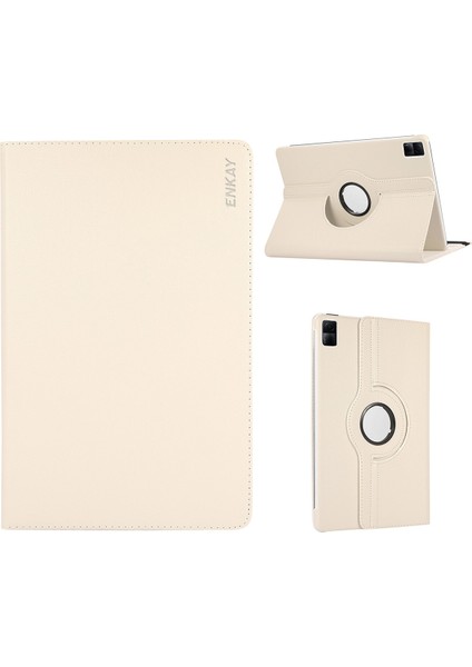 Xiaomi Redmi Pad Litchi Doku 360 Derece Dönen Stand Otomatik Uyku Uyandırma Fonksiyonu Pu Deri Pc Beyaz Tablet Kılıfı (Yurt Dışından)