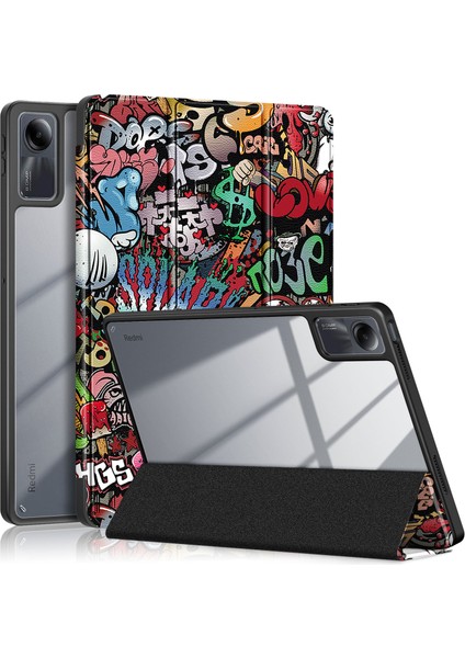 Xiaomi Redmi Pad Se Için Üç Katlı Stand Desen Baskı Akıllı Kalem Yuvası Grafiti Tablet Kılıfı (Yurt Dışından)