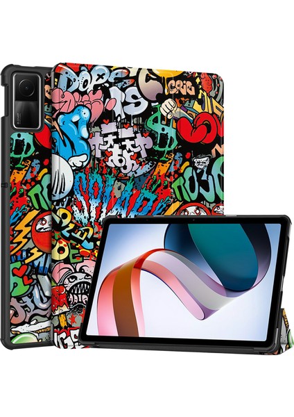 Xiaomi Redmi Pad Se Için Pu Deri Desen Baskı Üç Katlı Stand Grafiti Tablet Kılıfı (Yurt Dışından)