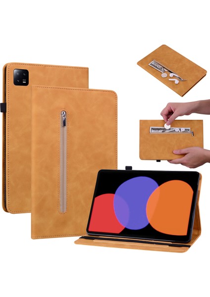 Xiaomi Pad 6 Otomatik Uyandırma ve Uyku Standı Deri Fermuarlı Cep Kart Yuvalı ile Tablet Kılıfı (Yurt Dışından)