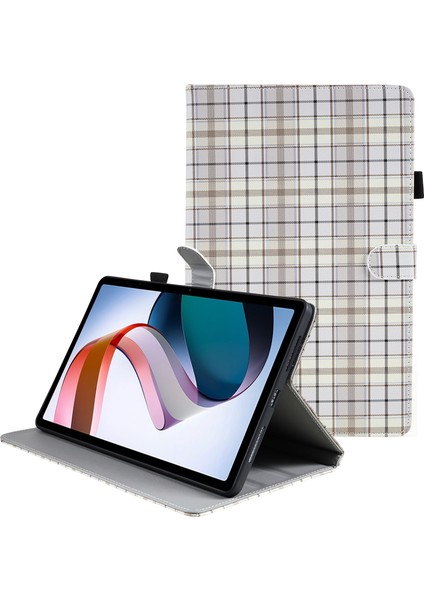 Xiaomi Redmi Için Pad Dokuma Izgara Desenli Pu Deri Çevirme Standı Izgara Beyaz Tablet Kılıfı (Yurt Dışından)