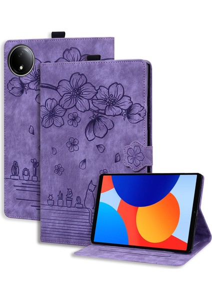 Xiaomi Redmi Için Pad Se 4g 8.7 Inç Kart Yuvalı Deri Standı Folio Çiçek Kedi Tablet Kılıfı (Yurt Dışından)