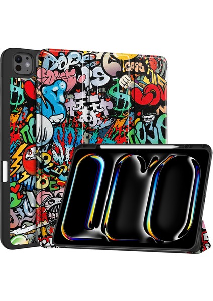 iPad Pro 13 (2024) Desen Baskı Üç Katlı Stand Deri Kalem Tutucu Grafiti ile Tpu Tablet Kılıfı (Yurt Dışından)