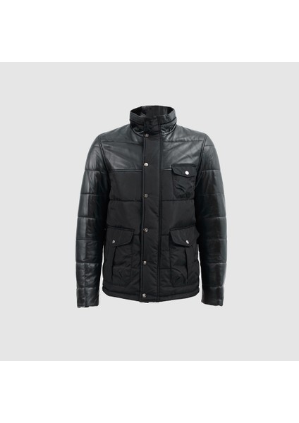 Erkek Şişme Mont Hakiki Deri Detaylı Siyah Renk L Beden Konforlu ve Şık