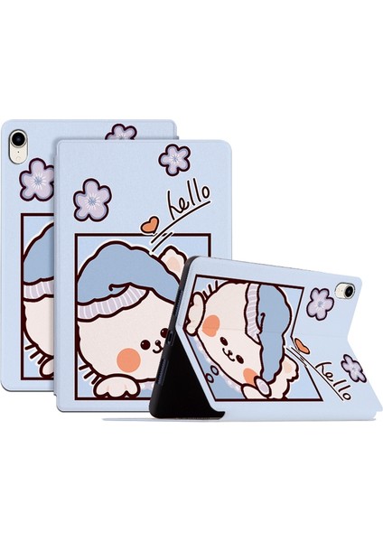 iPad Mini (2021) Karikatür Düşme Önleyici Pu Deri Otomatik Uyandırma sleep Blue Cat merhaba ile Standı Tablet Kılıfı (Yurt Dışından)