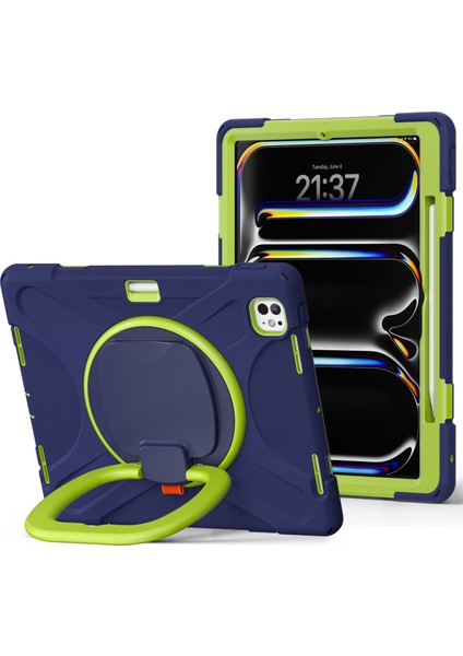 iPad Pro 13 (2024) Tpu Pc Silikon Döner Standı Kolu Kavrama Lacivert Tablet Kılıfı (Yurt Dışından)