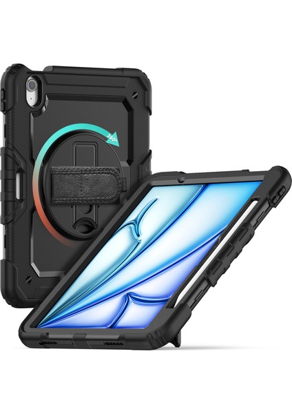 iPad Air 11 (2024) Döner Tekme Standı Pc Silikon Ekran Filmi omuz Askısı Tablet Kılıfı (Yurt Dışından)