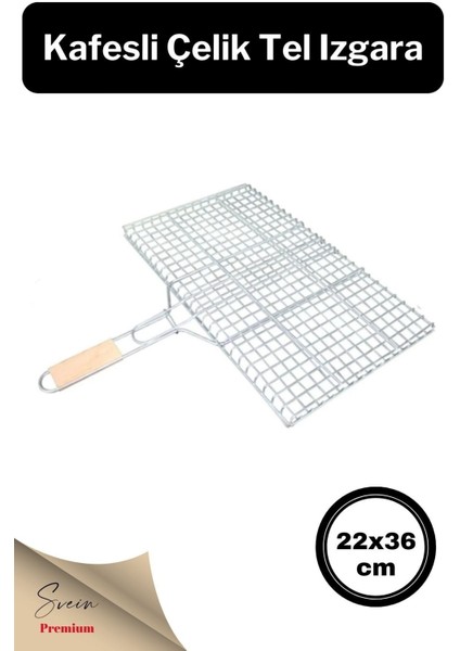 Ahşap Ağaç Saplı Kafesli Çelik Tel Izgara Mangal Barbekü Yemek Pişirme Teli 22 x 36 cm