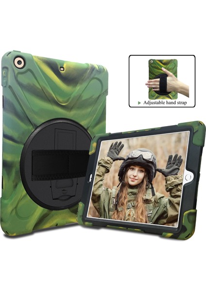 iPad 9.7 (2018 2017) X Shape 360 ​​derece Dönebilen Pc Tpu Combo Standı Koruma Muhafazası Kamuflaj Tablet Kılıfı (Yurt Dışından)